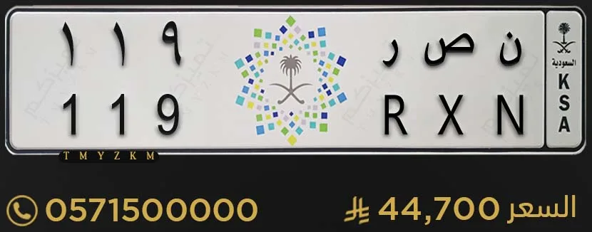 لوحة سيارة مميزة ن ص ر 119 للبيع
